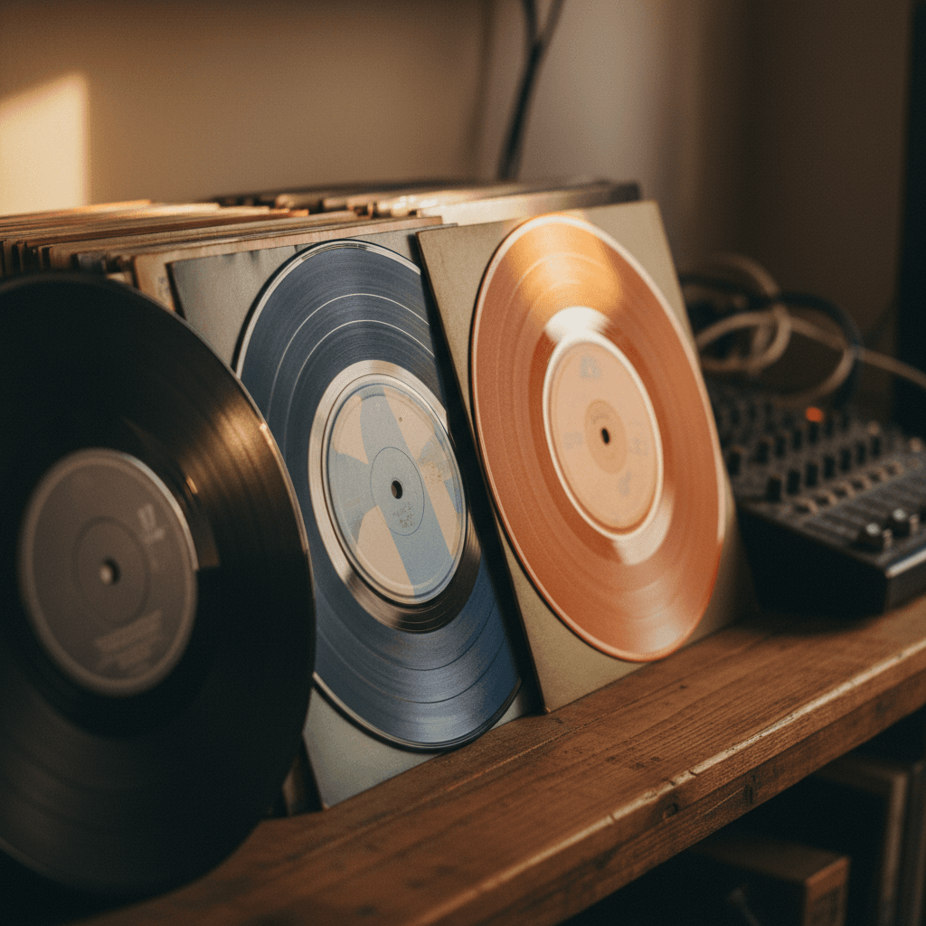 Vinyl records on a home studio shelf
