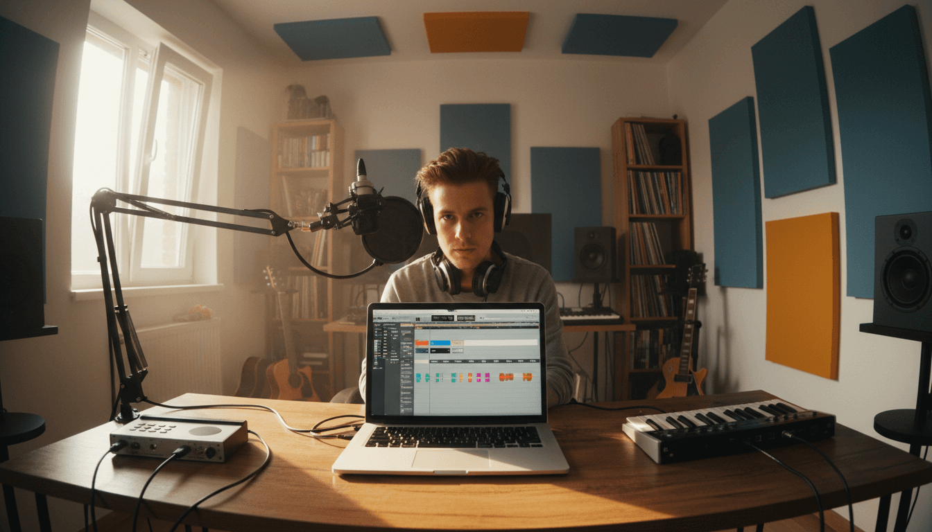 Independent artist in home recording studio setup