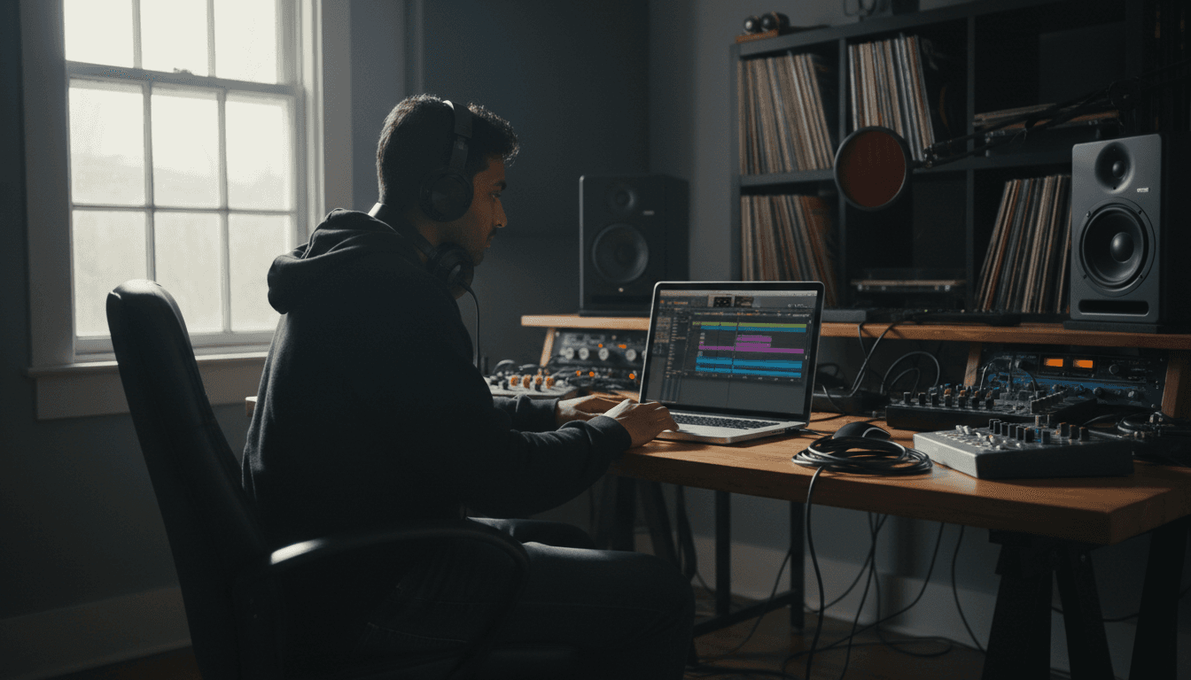 Independent artist working on music production at home studio setup