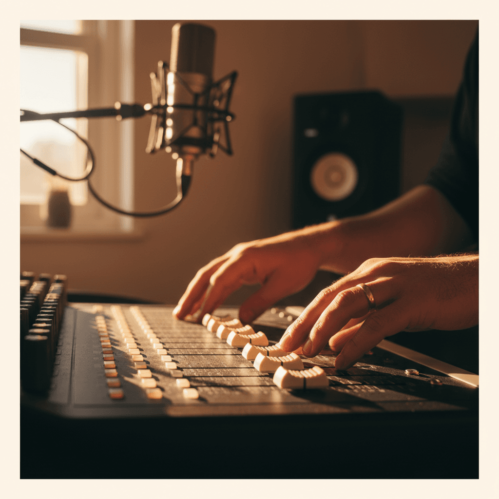 Music producer adjusting mixing console in home studio