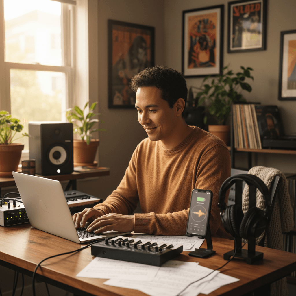 Independent artist receiving distribution support at workspace