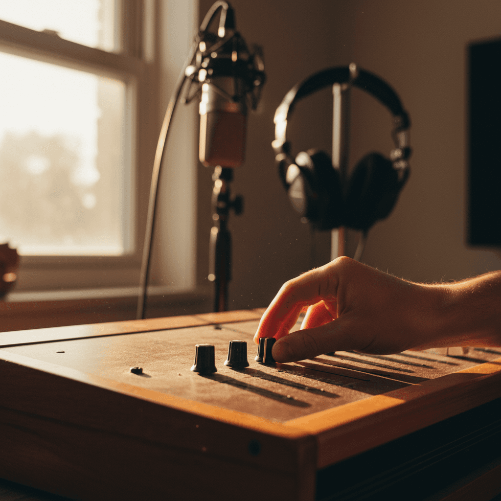 Music producer adjusting audio equipment in home studio