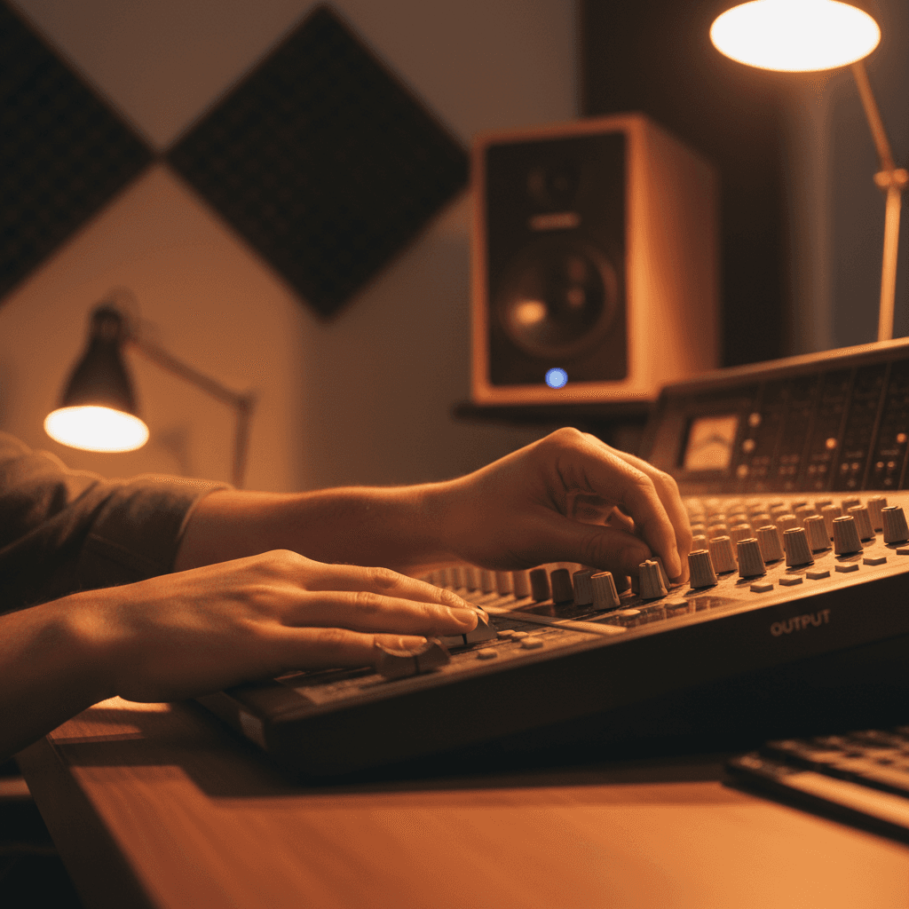 Music producer adjusting studio monitors during mixing session