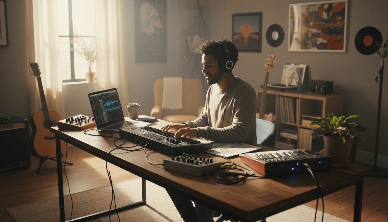 Independent artist reviewing music in home studio