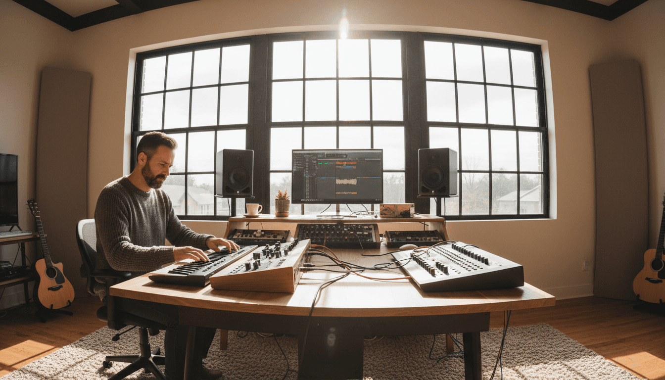 Music producer working in home studio with natural light